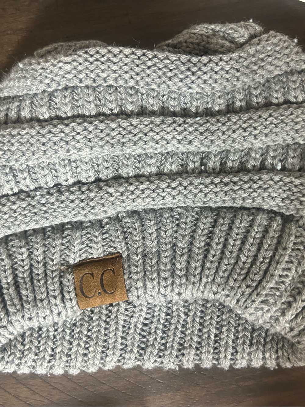 C.C Light Gray Ribbed Knit Beanie with Leather Logo Patch